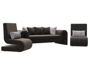 Набор Волна-1 (диван, 2 кресла), Велюр, Seven 727 коричневый;Seven 17 серый