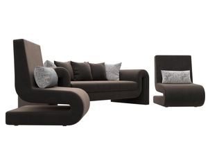 Набор Волна-1 (диван, 2 кресла), Велюр, Seven 727 коричневый;Seven 17 серый