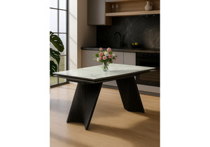 Стол стеклянный, Вейв 140(200)х80 кристл белый мрамор / черный