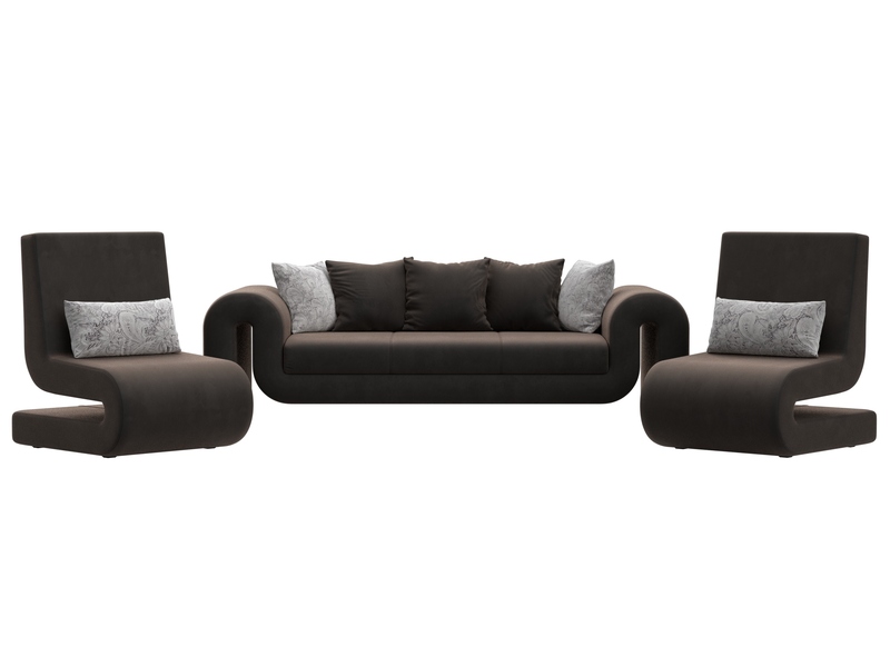 Набор Волна-1 (диван, 2 кресла), Велюр, Seven 727 коричневый;Seven 17 серый