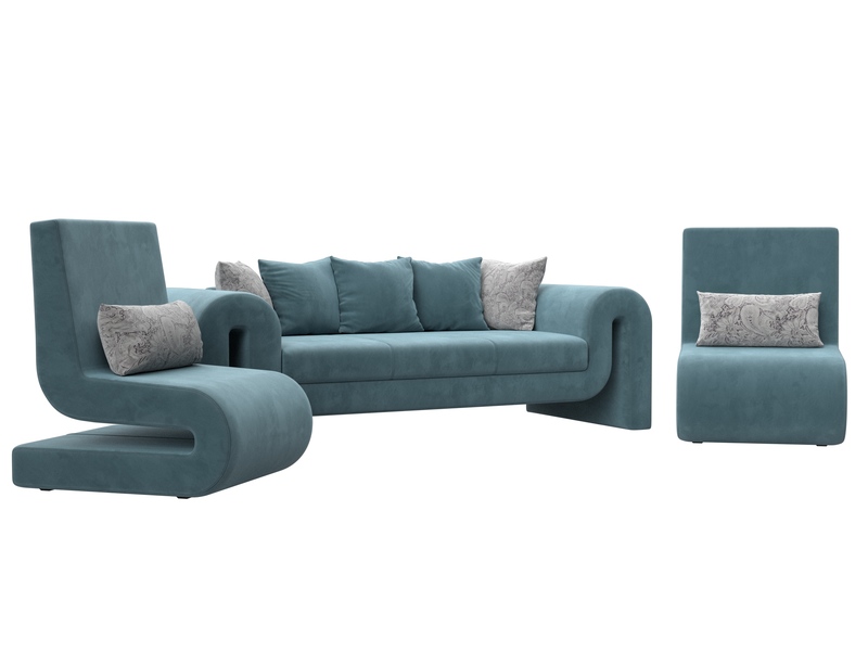 Набор Волна-1 (диван, 2 кресла), Велюр, Seven 113 бирюзовый;Seven 17 серый