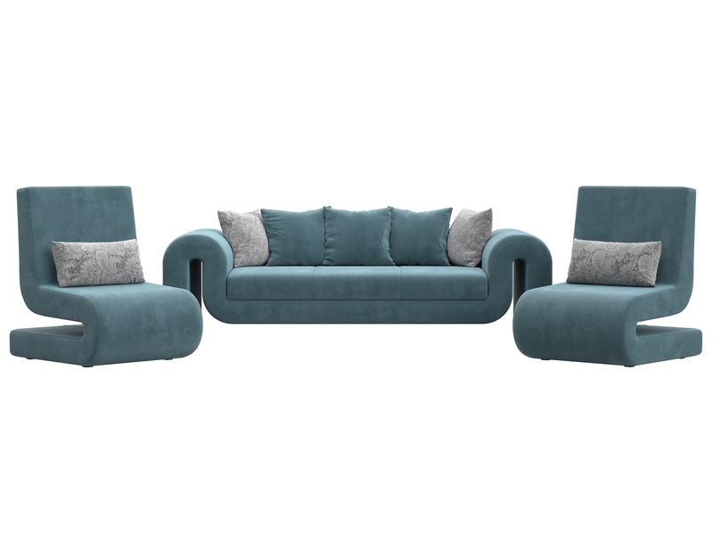 Набор Волна-1 (диван, 2 кресла), Велюр, Seven 113 бирюзовый;Seven 17 серый
