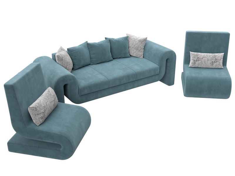 Набор Волна-1 (диван, 2 кресла), Велюр, Seven 113 бирюзовый;Seven 17 серый