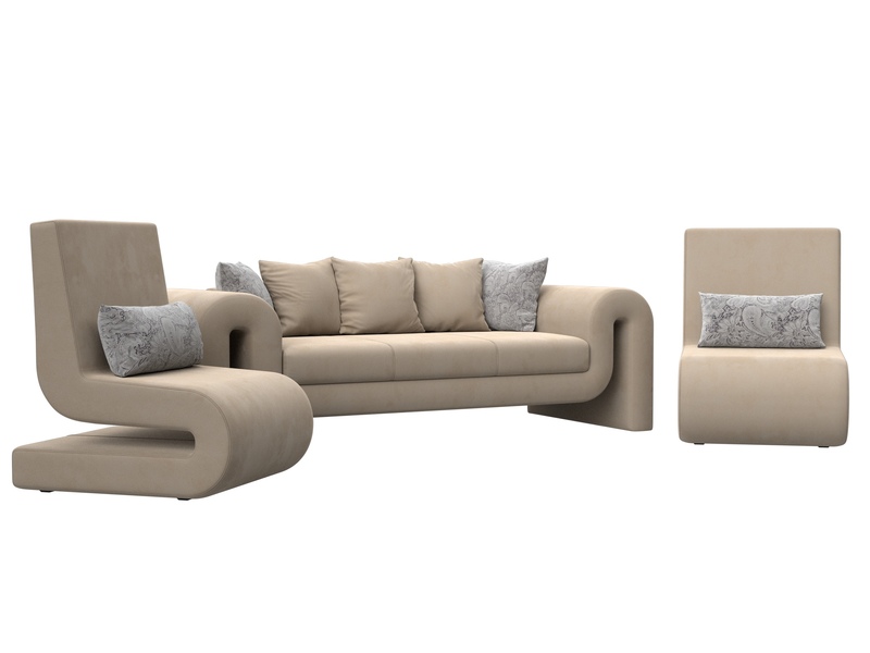 Набор Волна-1 (диван, 2 кресла), Велюр, Seven 729 бежевый;Seven 17 серый