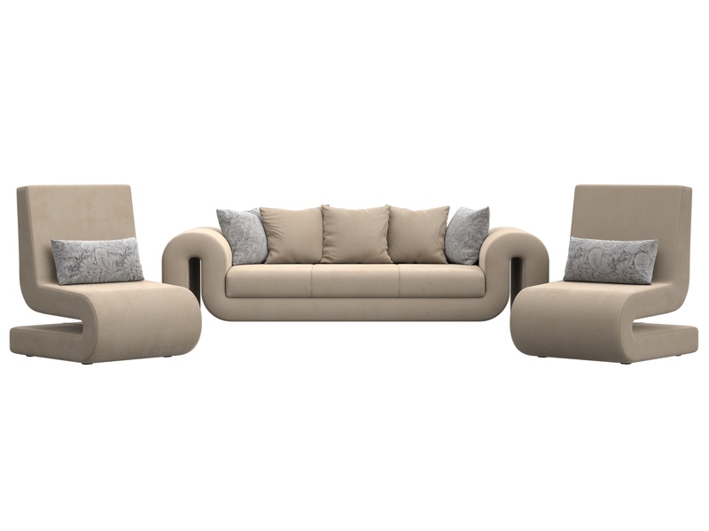Набор Волна-1 (диван, 2 кресла), Велюр, Seven 729 бежевый;Seven 17 серый