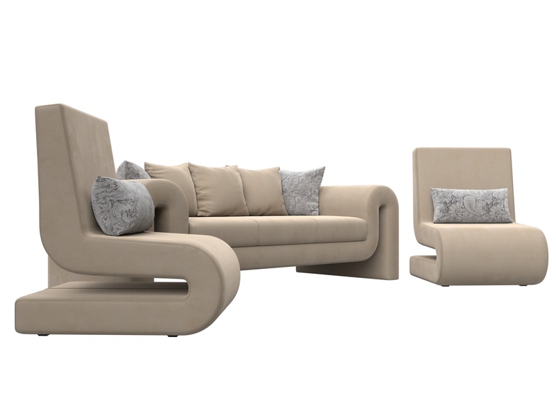 Набор Волна-1 (диван, 2 кресла), Велюр, Seven 729 бежевый;Seven 17 серый