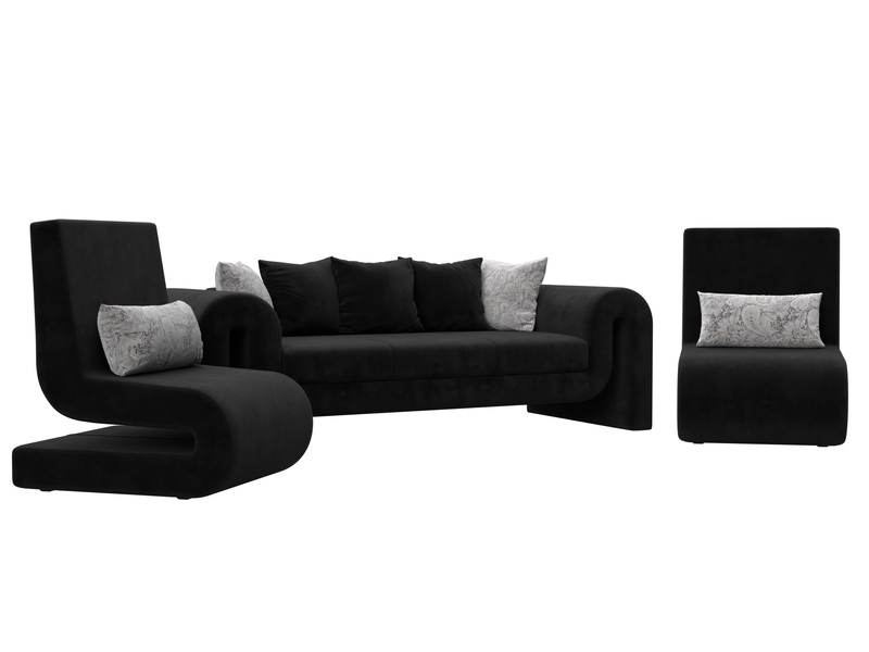 Набор Волна-1 (диван, 2 кресла), Велюр, Seven 35 черный;Seven 17 серый