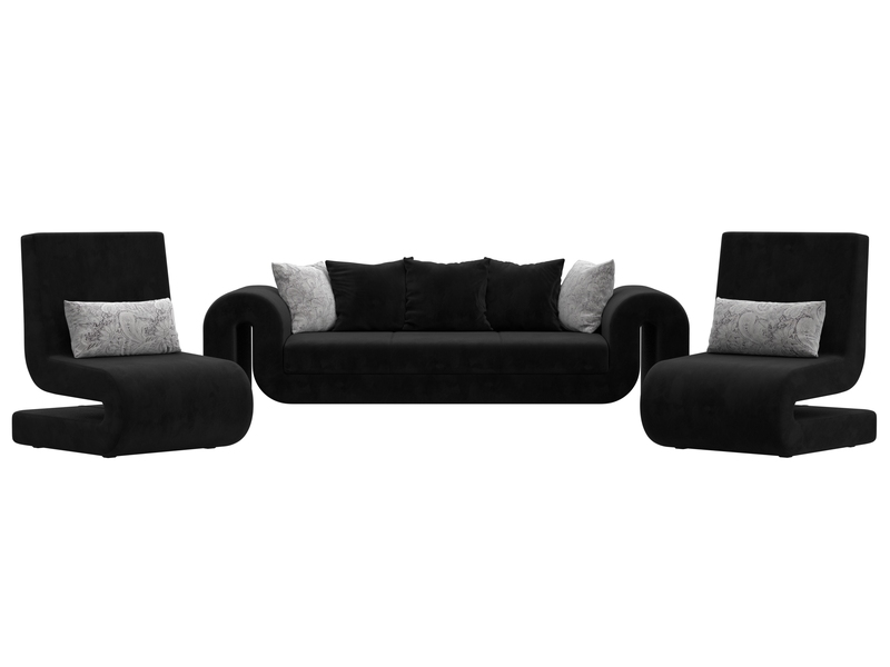Набор Волна-1 (диван, 2 кресла), Велюр, Seven 35 черный;Seven 17 серый