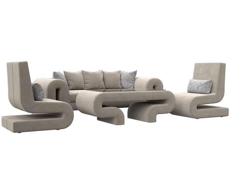 Набор Волна-2 (стол, диван, 2 кресла), Микровельвет;Велюр, бежевый;серый