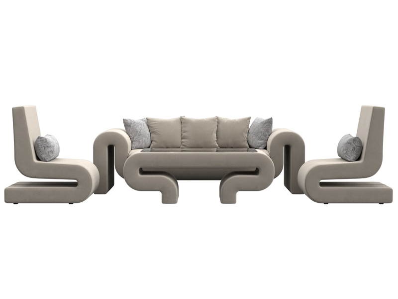 Набор Волна-2 (стол, диван, 2 кресла), Микровельвет;Велюр, бежевый;серый