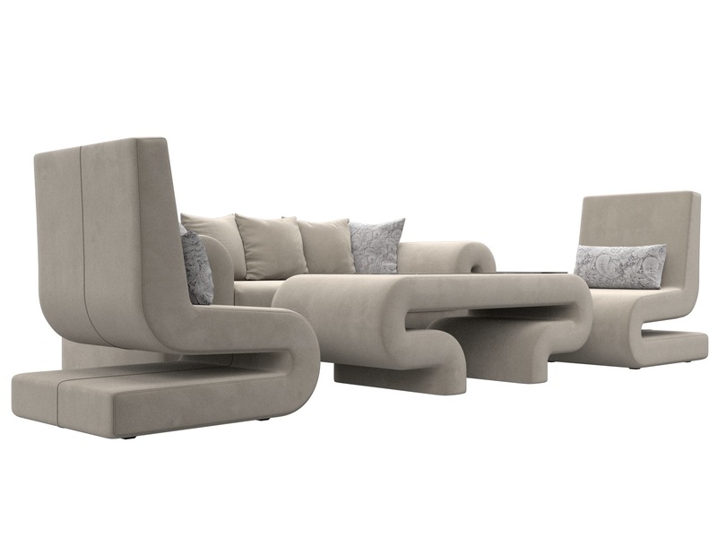 Набор Волна-2 (стол, диван, 2 кресла), Микровельвет;Велюр, бежевый;серый
