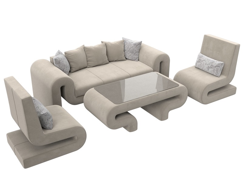 Набор Волна-2 (стол, диван, 2 кресла), Микровельвет;Велюр, бежевый;серый