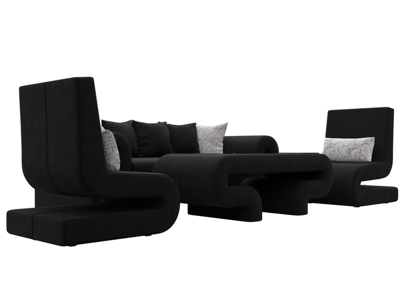 Набор Волна-2 (стол, диван, 2 кресла), Микровельвет;Велюр, Черный;серый