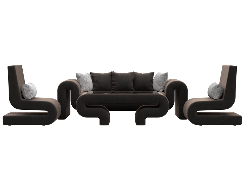 Набор Волна-2 (стол, диван, 2 кресла), Велюр, Seven 727 коричневый;Seven 17 серый