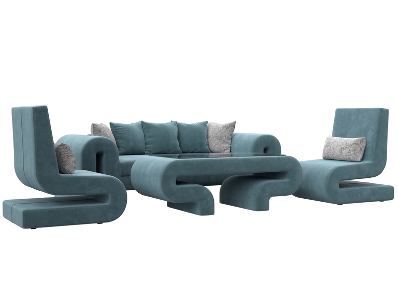Набор Волна-2 (стол, диван, 2 кресла), Велюр, Seven 113 бирюзовый;Seven 17 серый