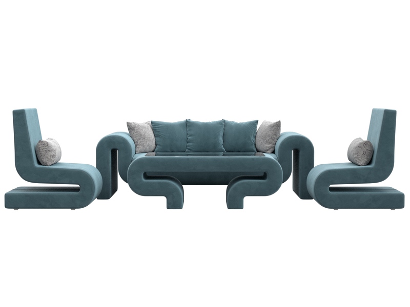 Набор Волна-2 (стол, диван, 2 кресла), Велюр, Seven 113 бирюзовый;Seven 17 серый