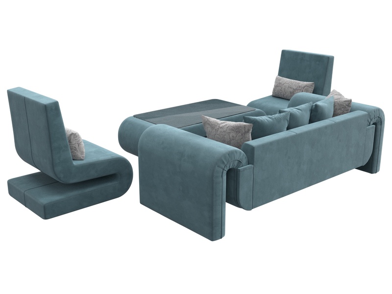 Набор Волна-2 (стол, диван, 2 кресла), Велюр, Seven 113 бирюзовый;Seven 17 серый