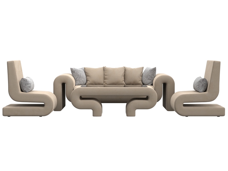 Набор Волна-2 (стол, диван, 2 кресла), Велюр, Seven 729 бежевый;Seven 17 серый