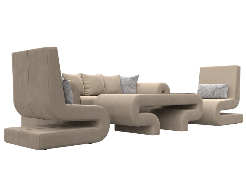 Набор Волна-2 (стол, диван, 2 кресла), Велюр, Seven 729 бежевый;Seven 17 серый