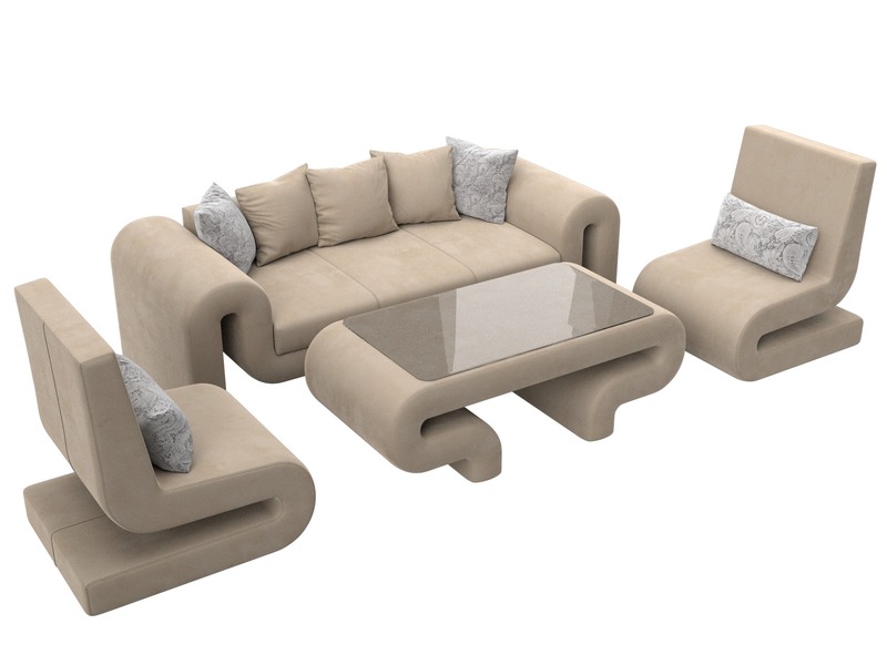 Набор Волна-2 (стол, диван, 2 кресла), Велюр, Seven 729 бежевый;Seven 17 серый