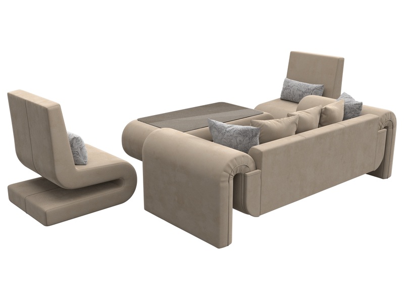 Набор Волна-2 (стол, диван, 2 кресла), Велюр, Seven 729 бежевый;Seven 17 серый