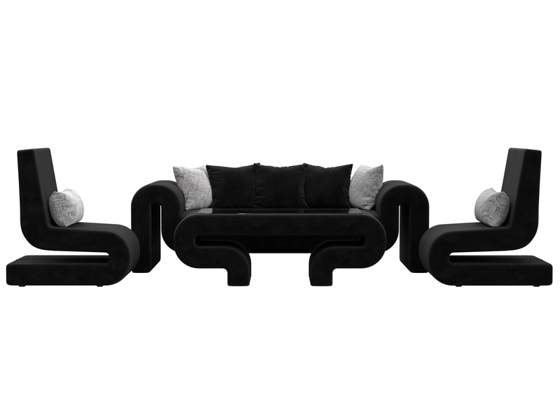 Набор Волна-2 (стол, диван, 2 кресла), Велюр, Seven 35 черный;Seven 17 серый