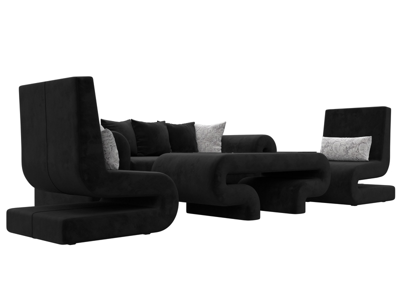Набор Волна-2 (стол, диван, 2 кресла), Велюр, Seven 35 черный;Seven 17 серый