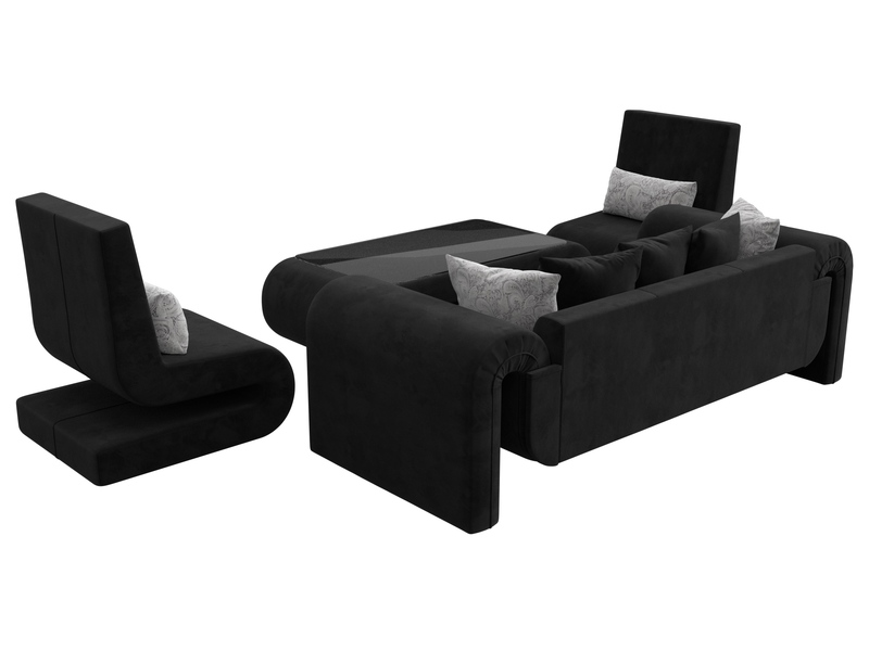 Набор Волна-2 (стол, диван, 2 кресла), Велюр, Seven 35 черный;Seven 17 серый