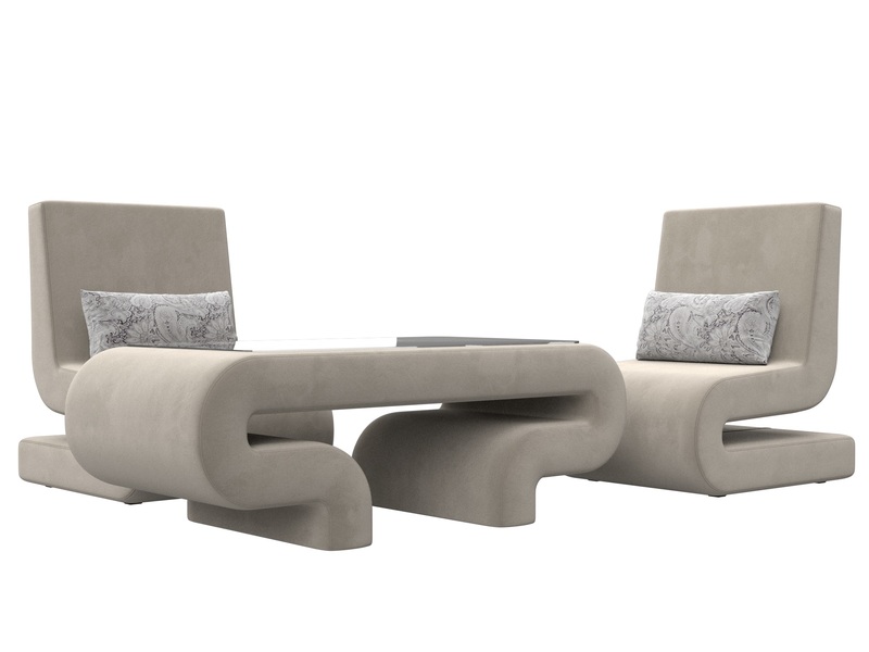 Набор Волна-3 (стол, 2 кресла), Микровельвет;Велюр, бежевый;серый