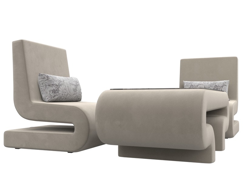 Набор Волна-3 (стол, 2 кресла), Микровельвет;Велюр, бежевый;серый