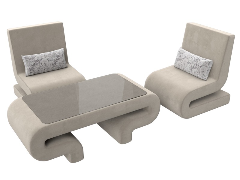 Набор Волна-3 (стол, 2 кресла), Микровельвет;Велюр, бежевый;серый