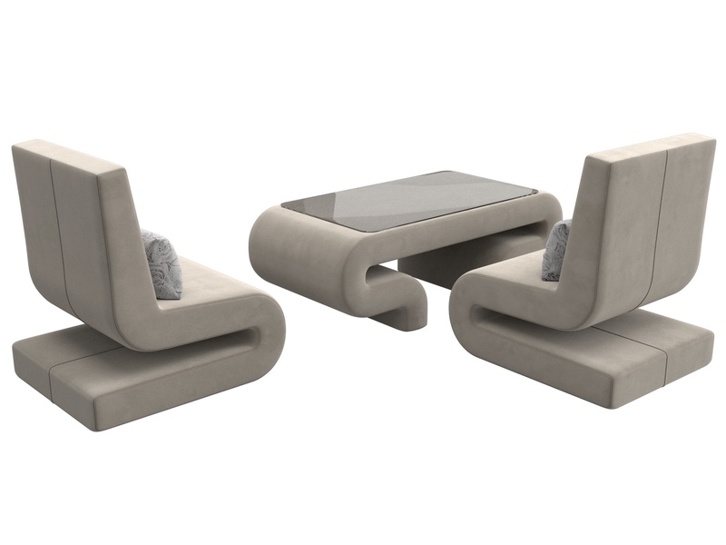 Набор Волна-3 (стол, 2 кресла), Микровельвет;Велюр, бежевый;серый