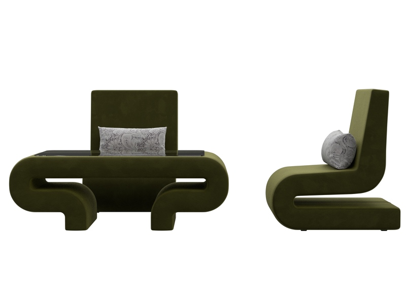 Набор Волна-3 (стол, 2 кресла), Микровельвет;Велюр, Зеленый;Серый