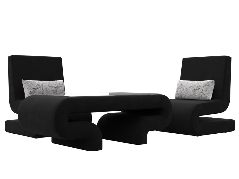 Набор Волна-3 (стол, 2 кресла), Микровельвет;Велюр, Черный;серый