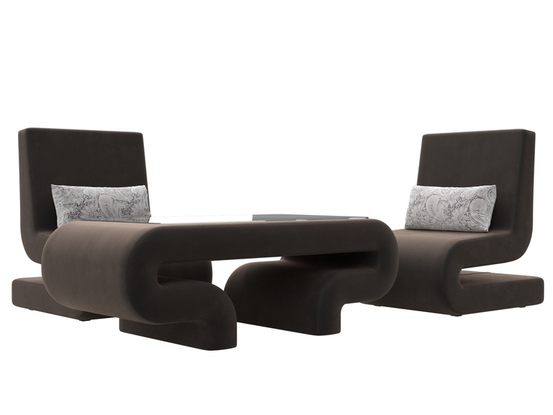 Набор Волна-3 (стол, 2 кресла), Велюр, Seven 727 коричневый;Seven 17 серый