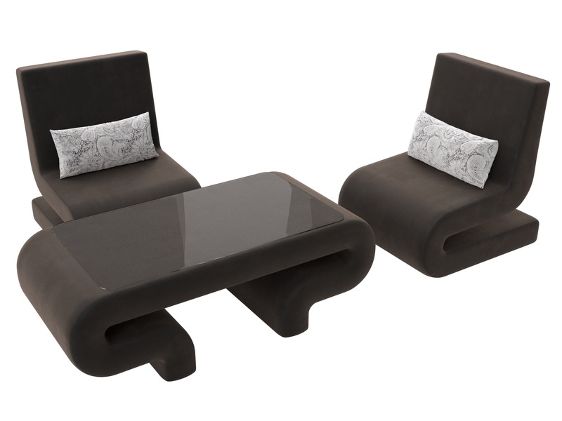 Набор Волна-3 (стол, 2 кресла), Велюр, Seven 727 коричневый;Seven 17 серый