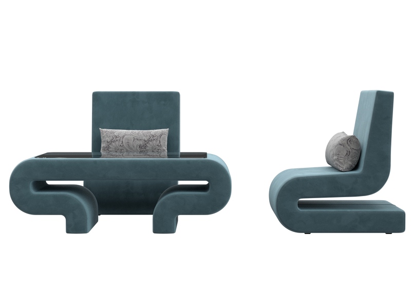 Набор Волна-3 (стол, 2 кресла), Велюр, Seven 113 бирюзовый;Seven 17 серый