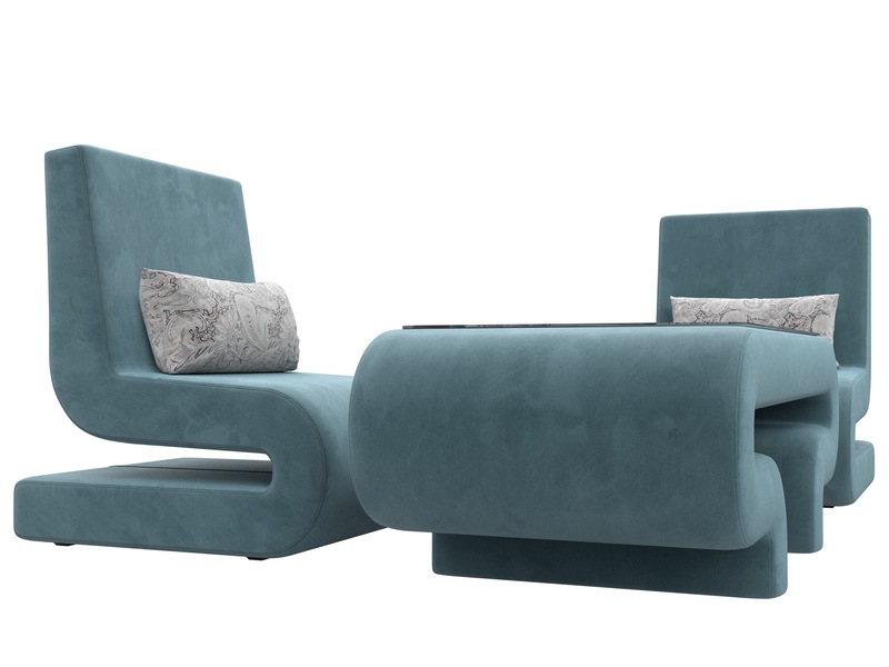 Набор Волна-3 (стол, 2 кресла), Велюр, Seven 113 бирюзовый;Seven 17 серый