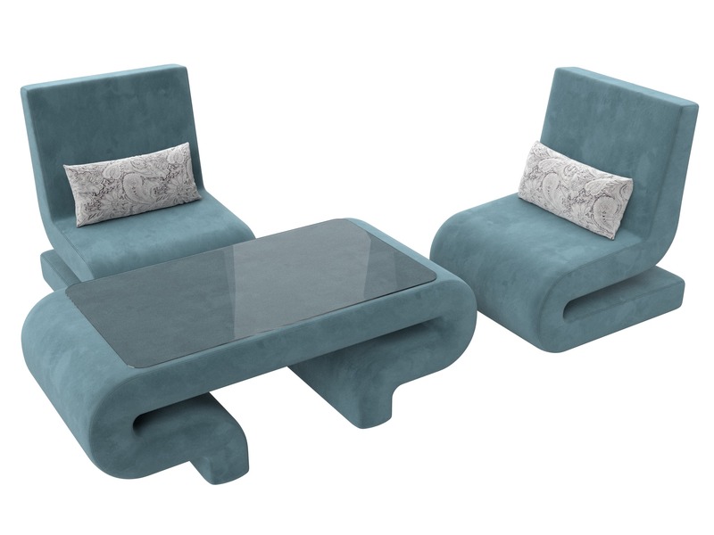 Набор Волна-3 (стол, 2 кресла), Велюр, Seven 113 бирюзовый;Seven 17 серый