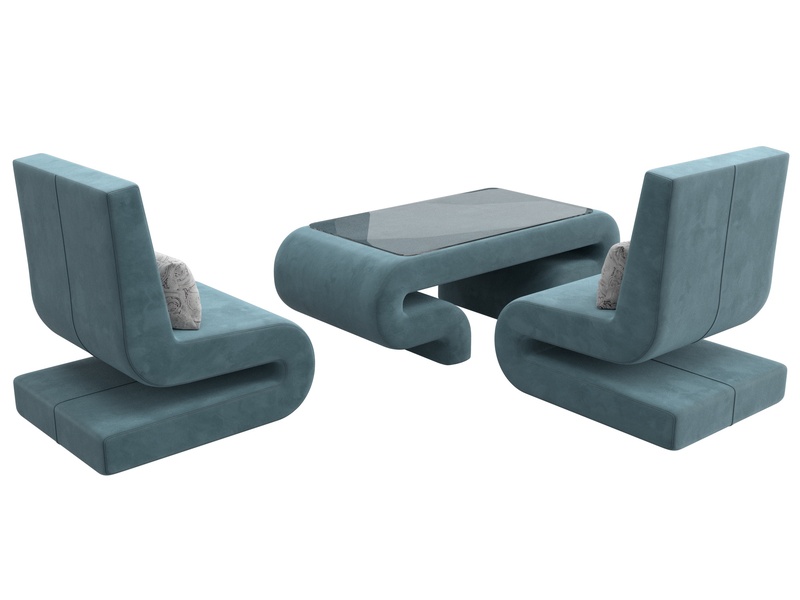 Набор Волна-3 (стол, 2 кресла), Велюр, Seven 113 бирюзовый;Seven 17 серый