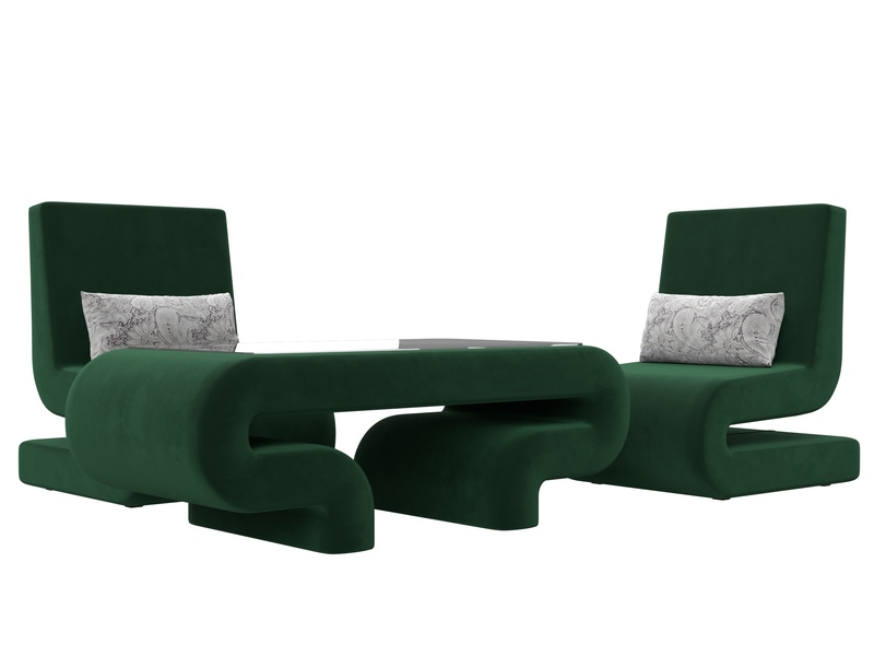 Набор Волна-3 (стол, 2 кресла), Велюр, Seven 626 зеленый;Seven 17 серый