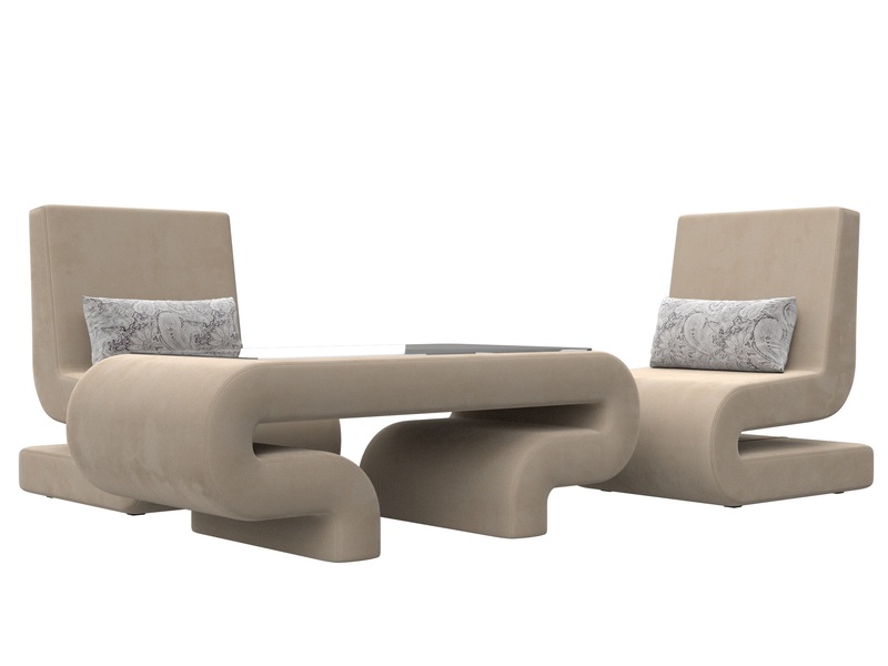 Набор Волна-3 (стол, 2 кресла), Велюр, Seven 729 бежевый;Seven 17 серый