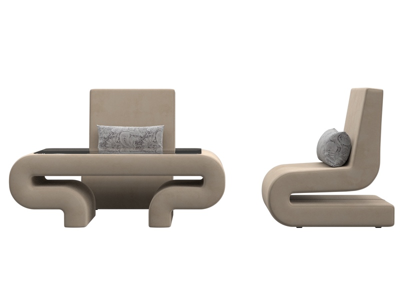 Набор Волна-3 (стол, 2 кресла), Велюр, Seven 729 бежевый;Seven 17 серый