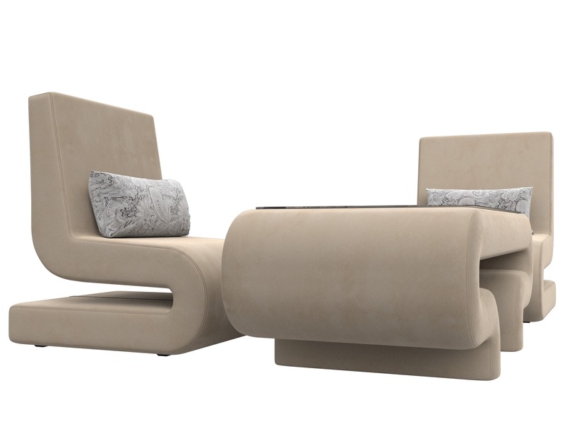 Набор Волна-3 (стол, 2 кресла), Велюр, Seven 729 бежевый;Seven 17 серый