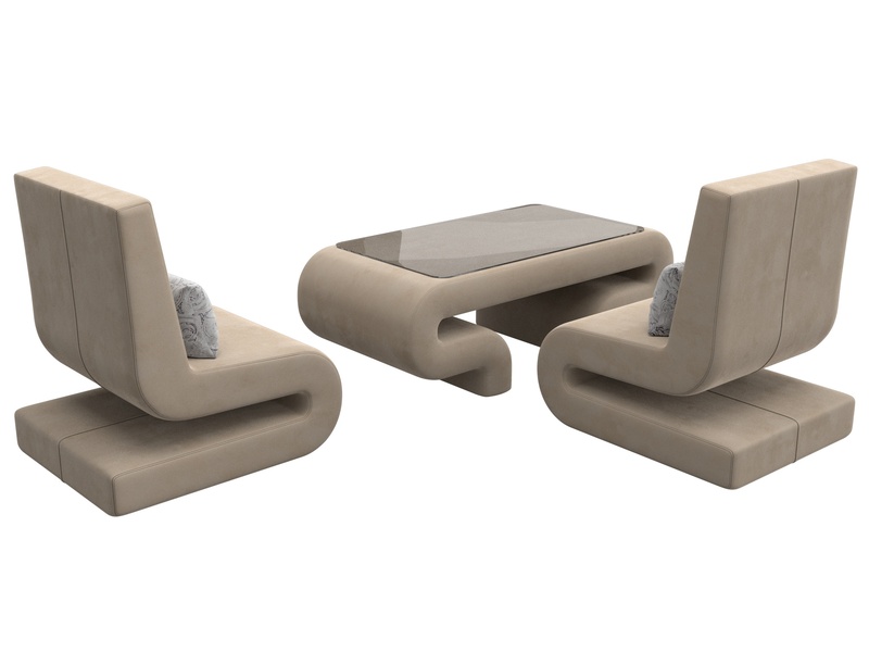 Набор Волна-3 (стол, 2 кресла), Велюр, Seven 729 бежевый;Seven 17 серый