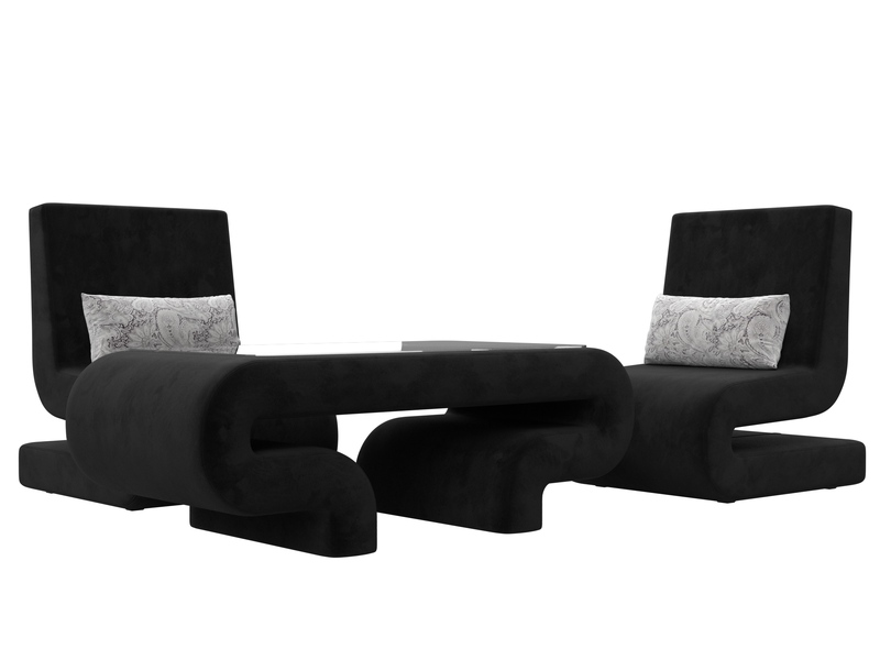 Набор Волна-3 (стол, 2 кресла), Велюр, Seven 35 черный;Seven 17 серый