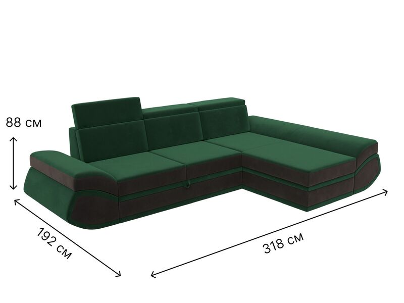 Диван угловой Лига-032 правый угол, Велюр, Seven 626 зеленый;Seven 727 коричневый