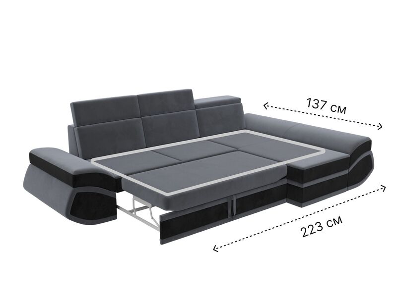 Диван угловой Лига-032 правый угол, Велюр, Seven 17 серый;Seven 35 черный