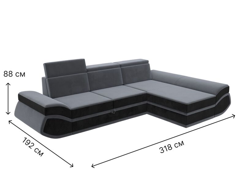 Диван угловой Лига-032 правый угол, Велюр, Seven 17 серый;Seven 35 черный