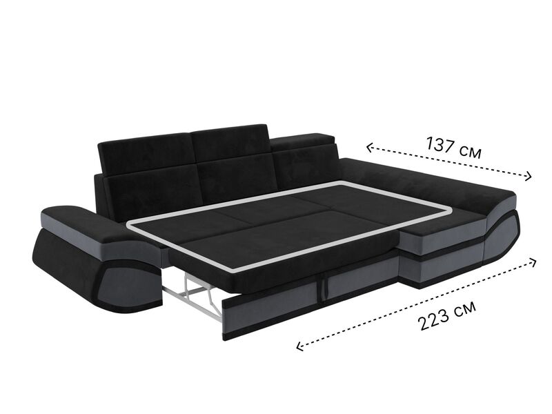 Диван угловой Лига-032 правый угол, Велюр, Seven 35 черный;Seven 17 серый